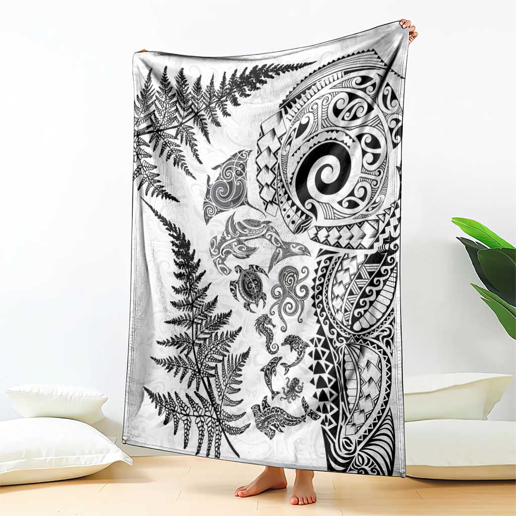 New Zealand Sea Animals Blanket with Maori Koru Tribal Tattoo and Silver Ferns White Color LT03 - Polynesian Pride