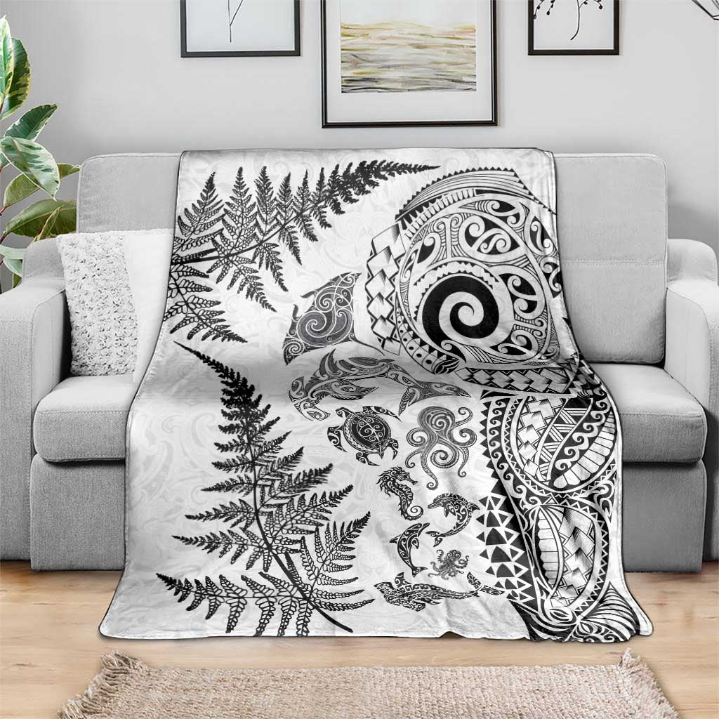 New Zealand Sea Animals Blanket with Maori Koru Tribal Tattoo and Silver Ferns White Color LT03 - Polynesian Pride