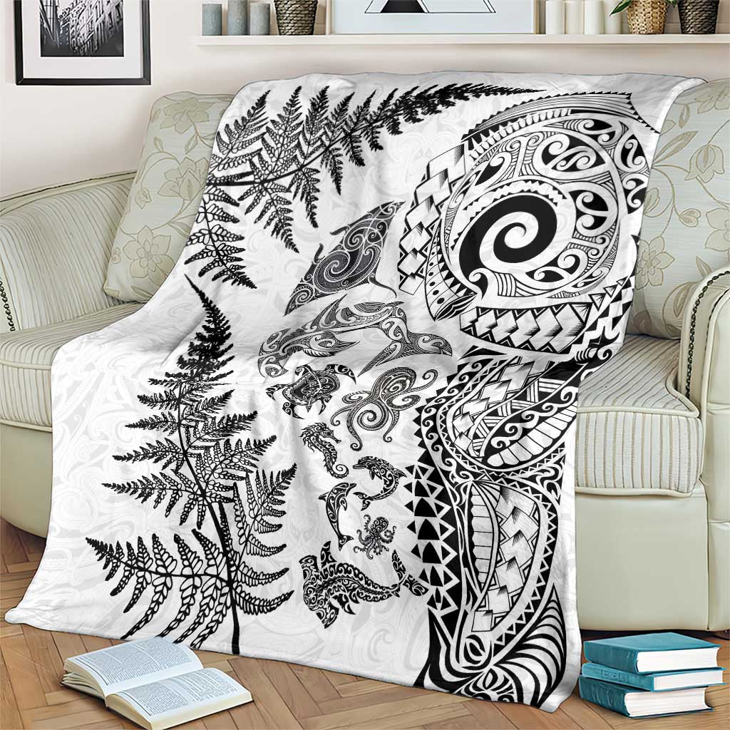 New Zealand Sea Animals Blanket with Maori Koru Tribal Tattoo and Silver Ferns White Color LT03 - Polynesian Pride