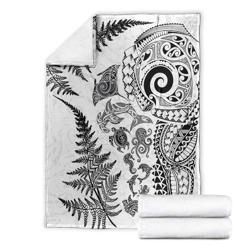 New Zealand Sea Animals Blanket with Maori Koru Tribal Tattoo and Silver Ferns White Color LT03 - Polynesian Pride