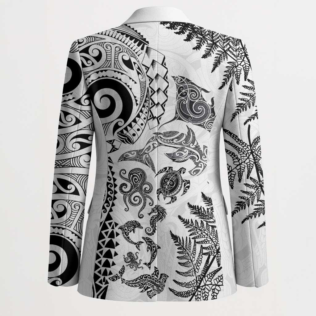 New Zealand Sea Animals Blazer with Maori Koru Tribal Tattoo and Silver Ferns White Color LT03 - Polynesian Pride