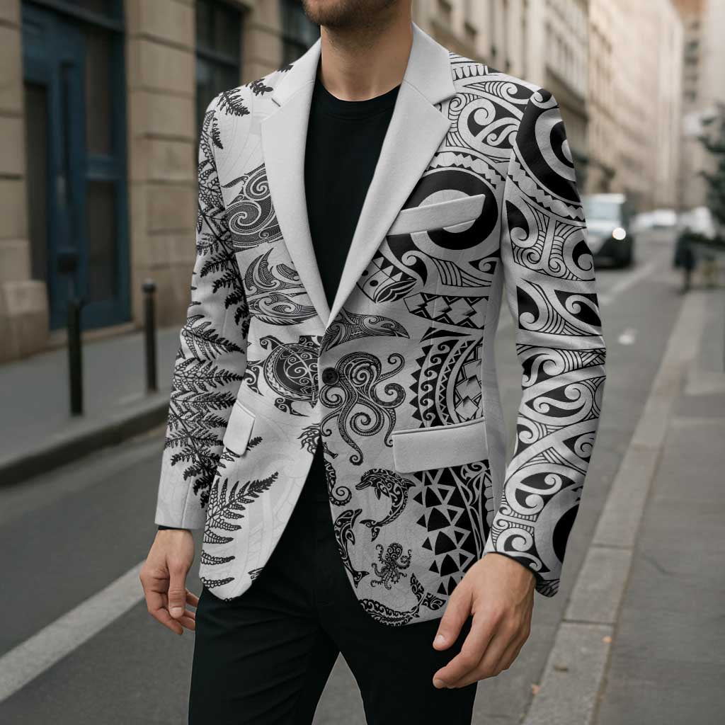 New Zealand Sea Animals Blazer with Maori Koru Tribal Tattoo and Silver Ferns White Color LT03 - Polynesian Pride