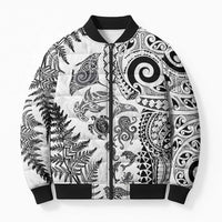 New Zealand Sea Animals Bomber Puffer Jacket with Maori Koru Tribal Tattoo and Silver Ferns White Color LT03 Unisex White - Polynesian Pride