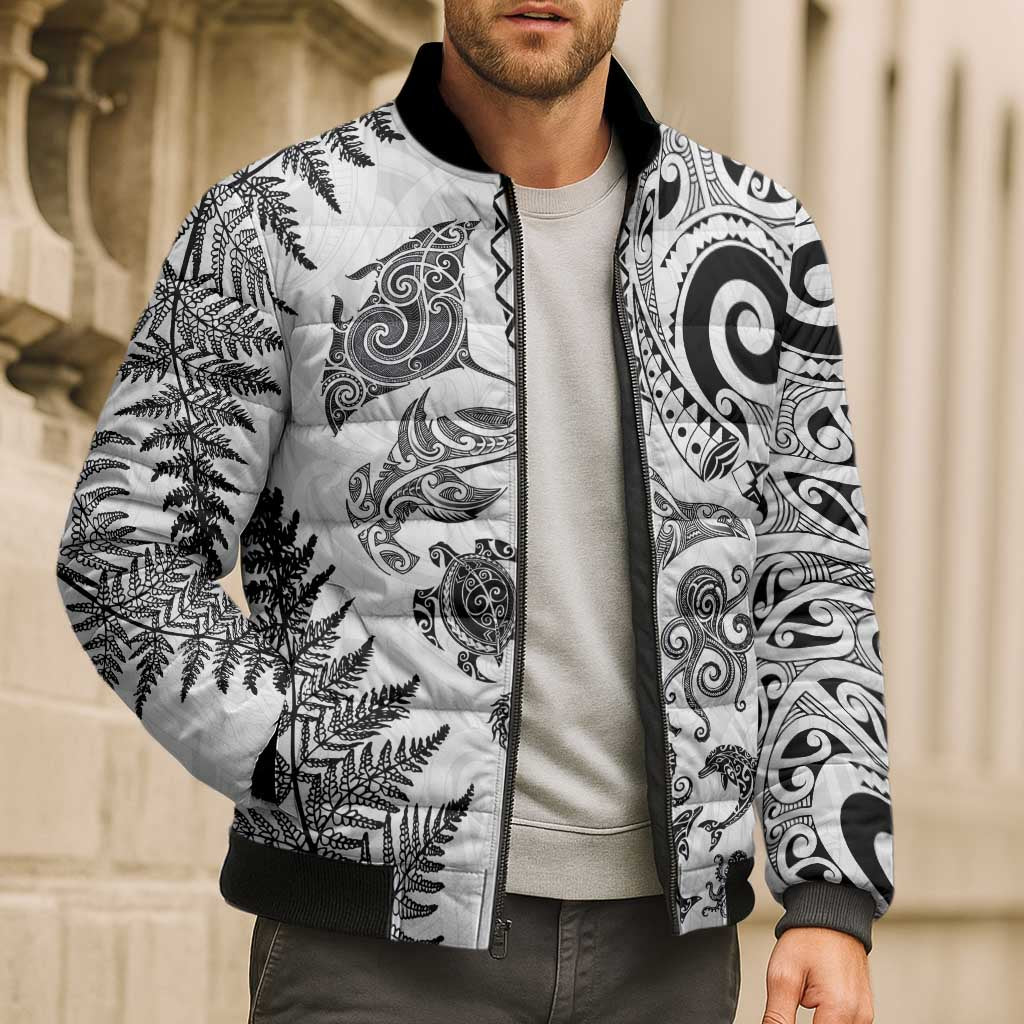 New Zealand Sea Animals Bomber Puffer Jacket with Maori Koru Tribal Tattoo and Silver Ferns White Color LT03 - Polynesian Pride
