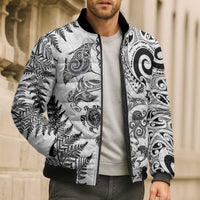 New Zealand Sea Animals Bomber Puffer Jacket with Maori Koru Tribal Tattoo and Silver Ferns White Color LT03 - Polynesian Pride