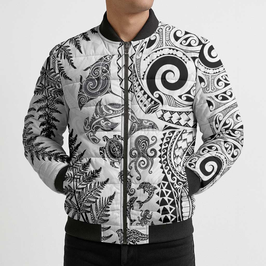 New Zealand Sea Animals Bomber Puffer Jacket with Maori Koru Tribal Tattoo and Silver Ferns White Color LT03 - Polynesian Pride