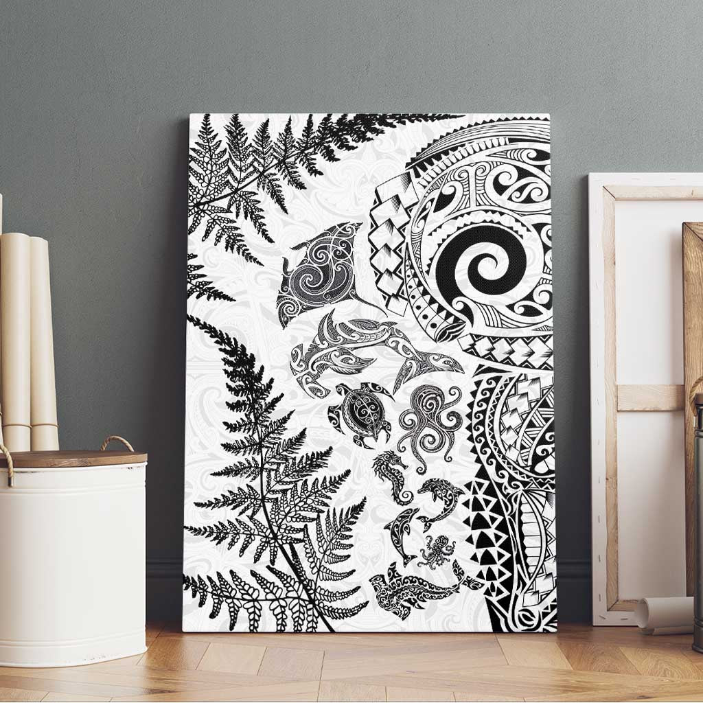 New Zealand Sea Animals Canvas Wall Art with Maori Koru Tribal Tattoo and Silver Ferns White Color LT03 - Polynesian Pride
