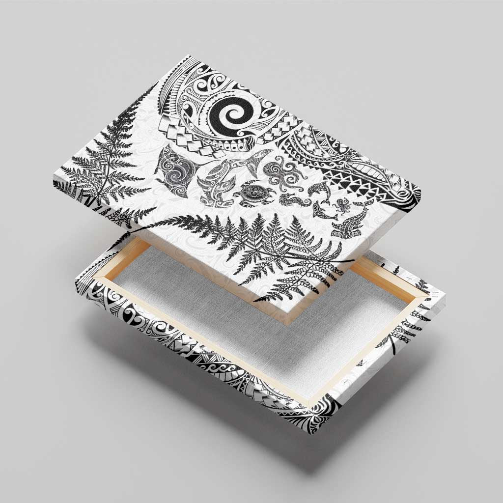 New Zealand Sea Animals Canvas Wall Art with Maori Koru Tribal Tattoo and Silver Ferns White Color LT03 - Polynesian Pride