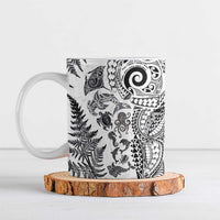 New Zealand Sea Animals Ceramic Mug with Maori Koru Tribal Tattoo and Silver Ferns White Color
