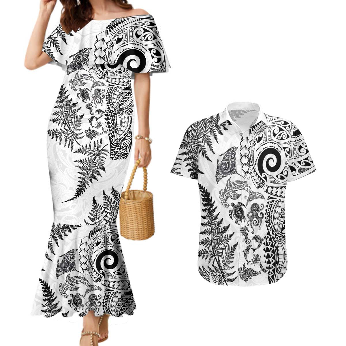 New Zealand Sea Animals Couples Matching Mermaid Dress and Hawaiian Shirt with Maori Koru Tribal Tattoo and Silver Ferns White Color LT03 White - Polynesian Pride