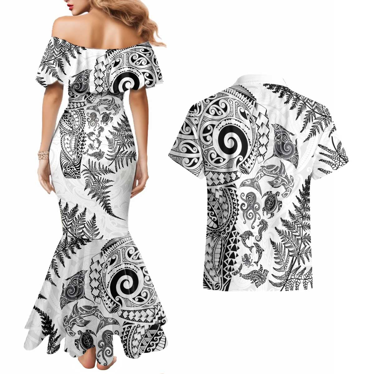 New Zealand Sea Animals Couples Matching Mermaid Dress and Hawaiian Shirt with Maori Koru Tribal Tattoo and Silver Ferns White Color LT03 - Polynesian Pride