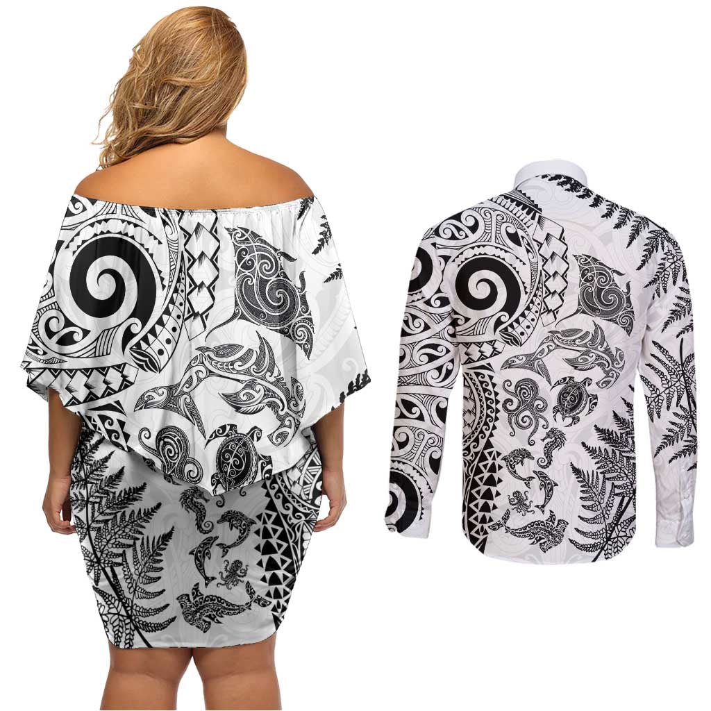 New Zealand Sea Animals Couples Matching Off Shoulder Short Dress and Long Sleeve Button Shirt with Maori Koru Tribal Tattoo and Silver Ferns White Color LT03 - Polynesian Pride