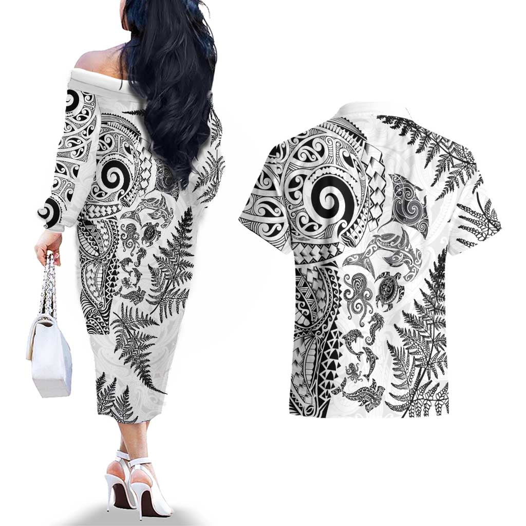 New Zealand Sea Animals Couples Matching Off The Shoulder Long Sleeve Dress and Hawaiian Shirt with Maori Koru Tribal Tattoo and Silver Ferns White Color LT03 - Polynesian Pride