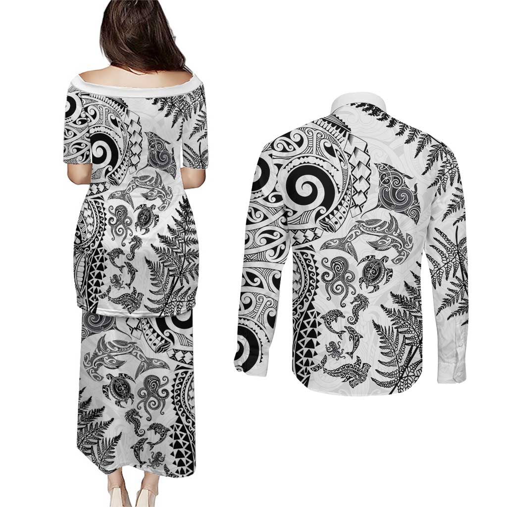 New Zealand Sea Animals Couples Matching Puletasi and Long Sleeve Button Shirt with Maori Koru Tribal Tattoo and Silver Ferns White Color LT03 - Polynesian Pride