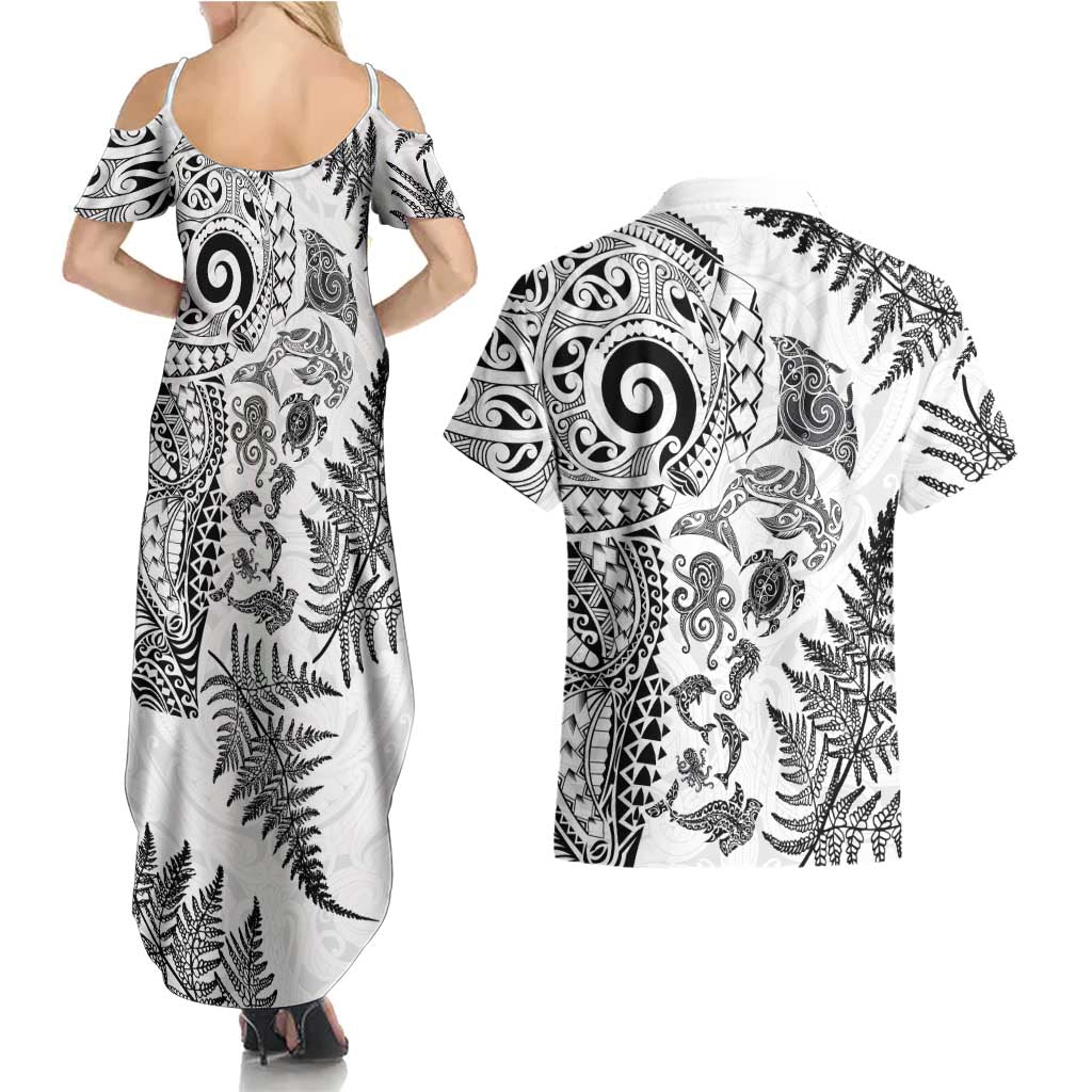 New Zealand Sea Animals Couples Matching Summer Maxi Dress and Hawaiian Shirt with Maori Koru Tribal Tattoo and Silver Ferns White Color LT03 - Polynesian Pride