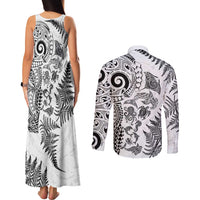 New Zealand Sea Animals Couples Matching Tank Maxi Dress and Long Sleeve Button Shirt with Maori Koru Tribal Tattoo and Silver Ferns White Color LT03 - Polynesian Pride