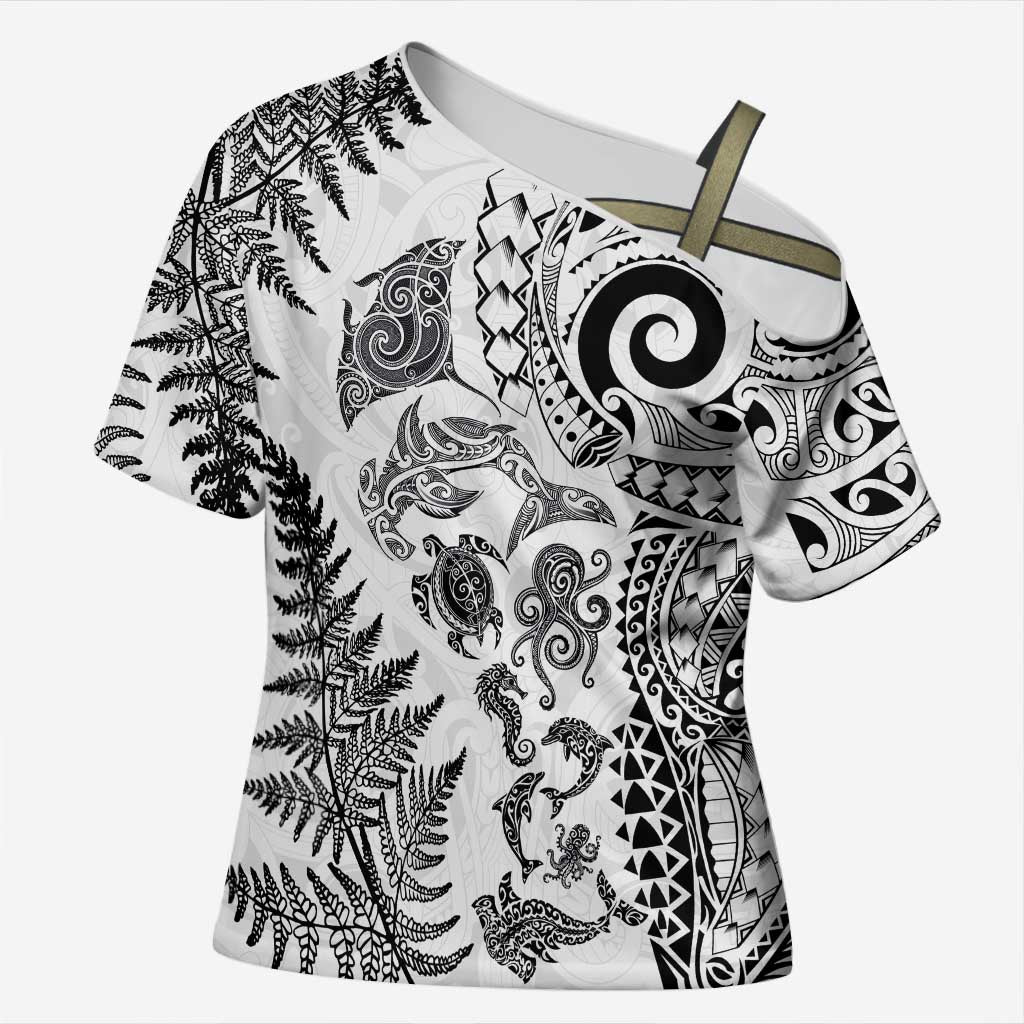 New Zealand Sea Animals Cross Shoulder Shirt with Maori Koru Tribal Tattoo and Silver Ferns White Color LT03 Female White - Polynesian Pride