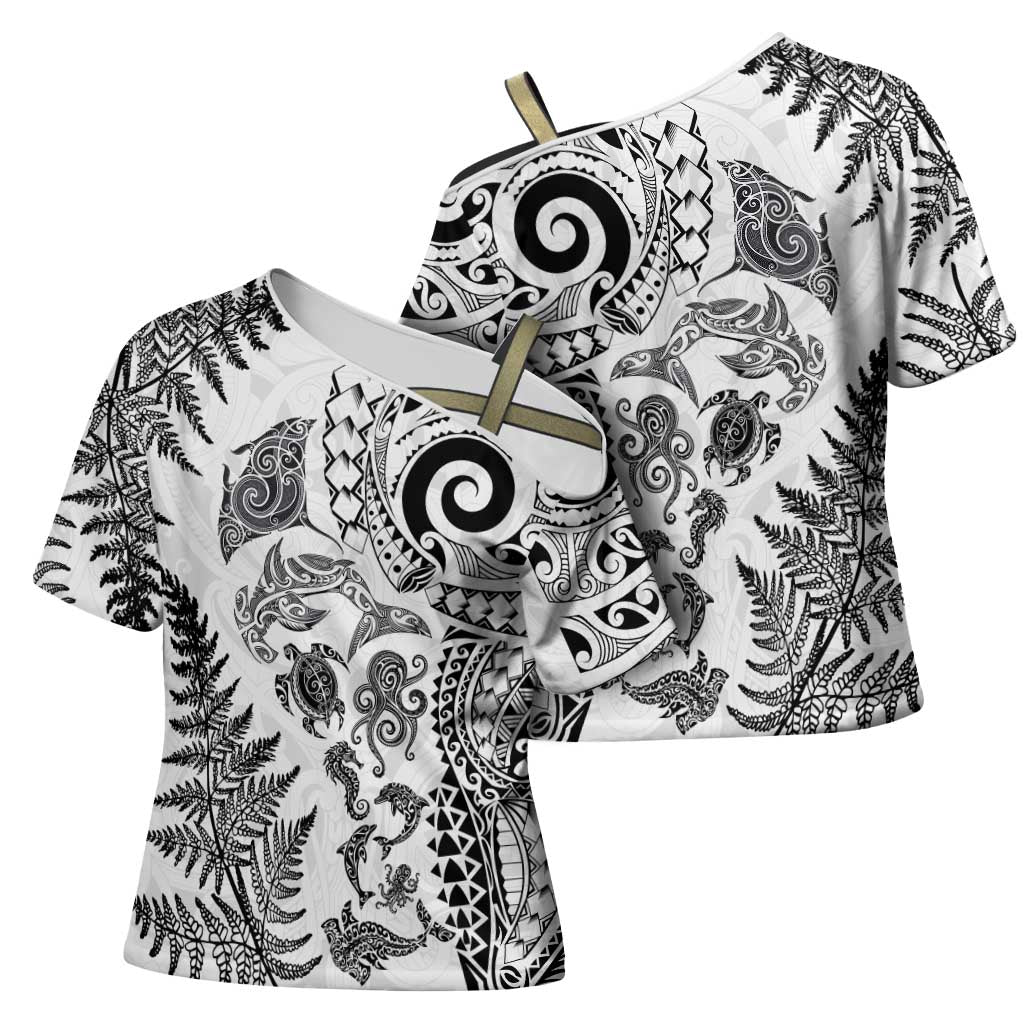 New Zealand Sea Animals Cross Shoulder Shirt with Maori Koru Tribal Tattoo and Silver Ferns White Color LT03 - Polynesian Pride