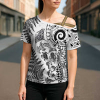 New Zealand Sea Animals Cross Shoulder Shirt with Maori Koru Tribal Tattoo and Silver Ferns White Color LT03 - Polynesian Pride