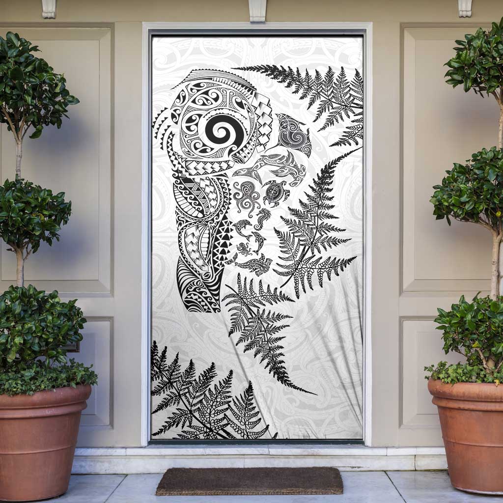 New Zealand Sea Animals Door Cover with Maori Koru Tribal Tattoo and Silver Ferns White Color LT03 White - Polynesian Pride