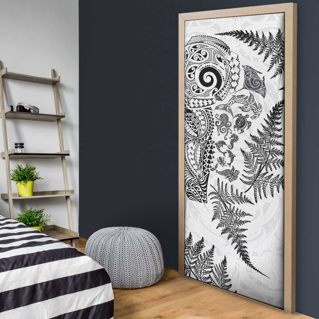 New Zealand Sea Animals Door Cover with Maori Koru Tribal Tattoo and Silver Ferns White Color LT03 - Polynesian Pride
