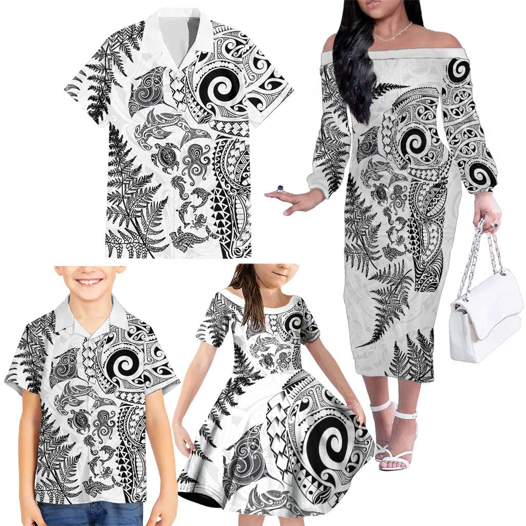 New Zealand Sea Animals Family Matching Off The Shoulder Long Sleeve Dress and Hawaiian Shirt with Maori Koru Tribal Tattoo and Silver Ferns White Color LT03 - Polynesian Pride