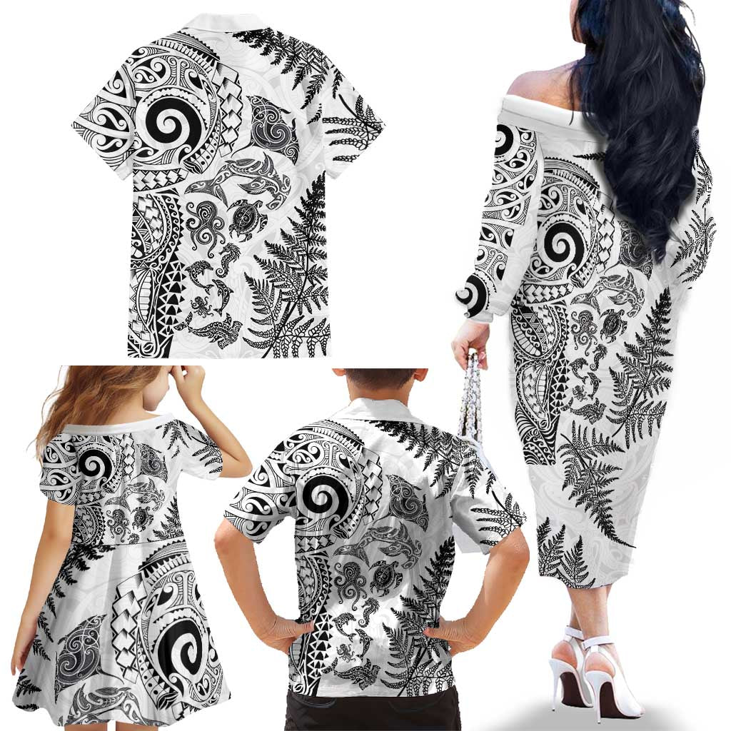 New Zealand Sea Animals Family Matching Off The Shoulder Long Sleeve Dress and Hawaiian Shirt with Maori Koru Tribal Tattoo and Silver Ferns White Color LT03 - Polynesian Pride