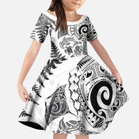 New Zealand Sea Animals Family Matching Off Shoulder Maxi Dress and Hawaiian Shirt with Maori Koru Tribal Tattoo and Silver Ferns White Color LT03 Daughter's Dress White - Polynesian Pride