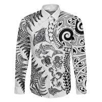 New Zealand Sea Animals Family Matching Off Shoulder Maxi Dress and Hawaiian Shirt with Maori Koru Tribal Tattoo and Silver Ferns White Color LT03 Dad's Shirt - Long Sleeve White - Polynesian Pride