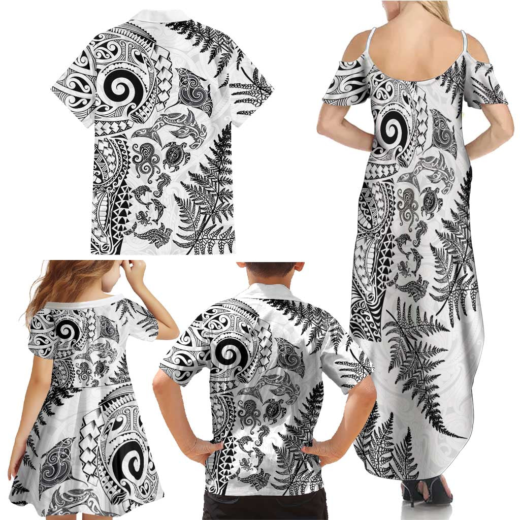 New Zealand Sea Animals Family Matching Summer Maxi Dress and Hawaiian Shirt with Maori Koru Tribal Tattoo and Silver Ferns White Color LT03 - Polynesian Pride