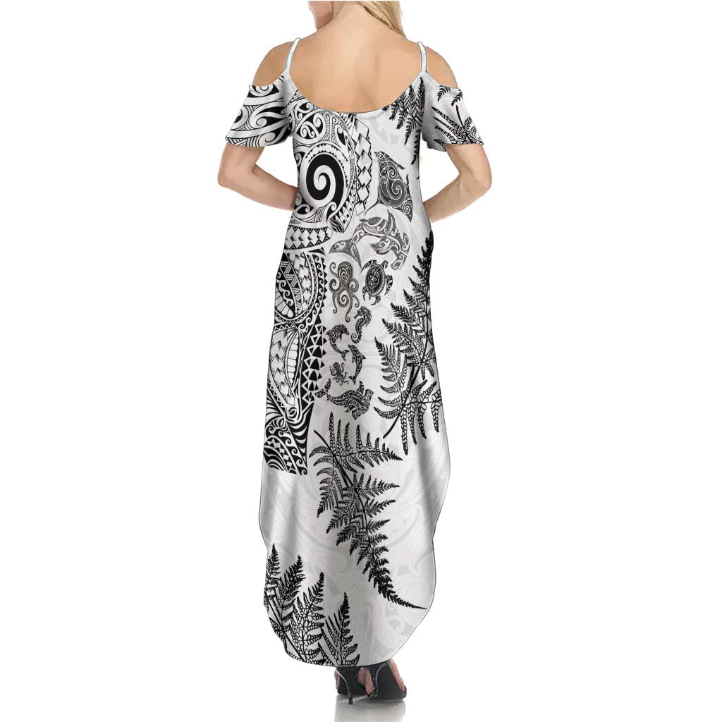 New Zealand Sea Animals Family Matching Summer Maxi Dress and Hawaiian Shirt with Maori Koru Tribal Tattoo and Silver Ferns White Color LT03 - Polynesian Pride
