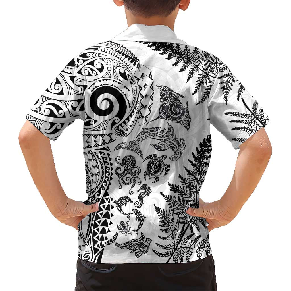 New Zealand Sea Animals Family Matching Tank Maxi Dress and Hawaiian Shirt with Maori Koru Tribal Tattoo and Silver Ferns White Color LT03 - Polynesian Pride