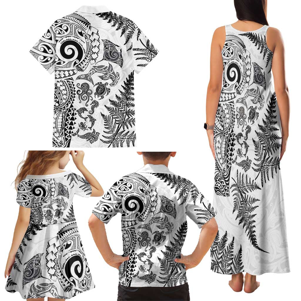 New Zealand Sea Animals Family Matching Tank Maxi Dress and Hawaiian Shirt with Maori Koru Tribal Tattoo and Silver Ferns White Color LT03 - Polynesian Pride