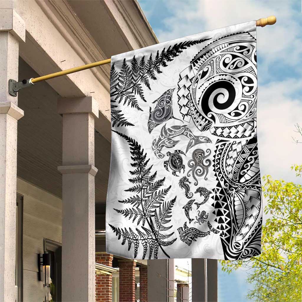 New Zealand Sea Animals Garden Flag with Maori Koru Tribal Tattoo and Silver Ferns White Color LT03 House Flag White - Polynesian Pride