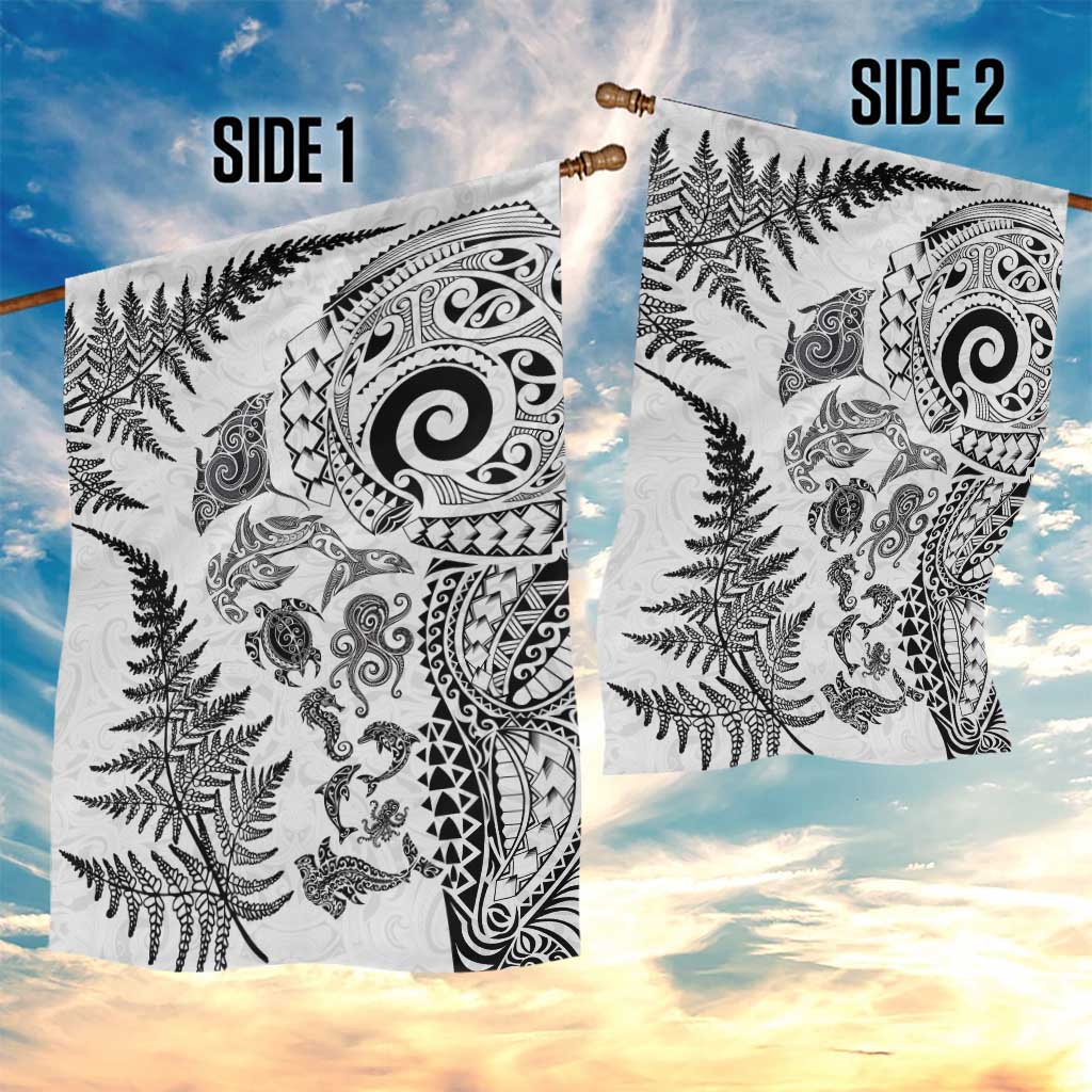 New Zealand Sea Animals Garden Flag with Maori Koru Tribal Tattoo and Silver Ferns White Color LT03 - Polynesian Pride