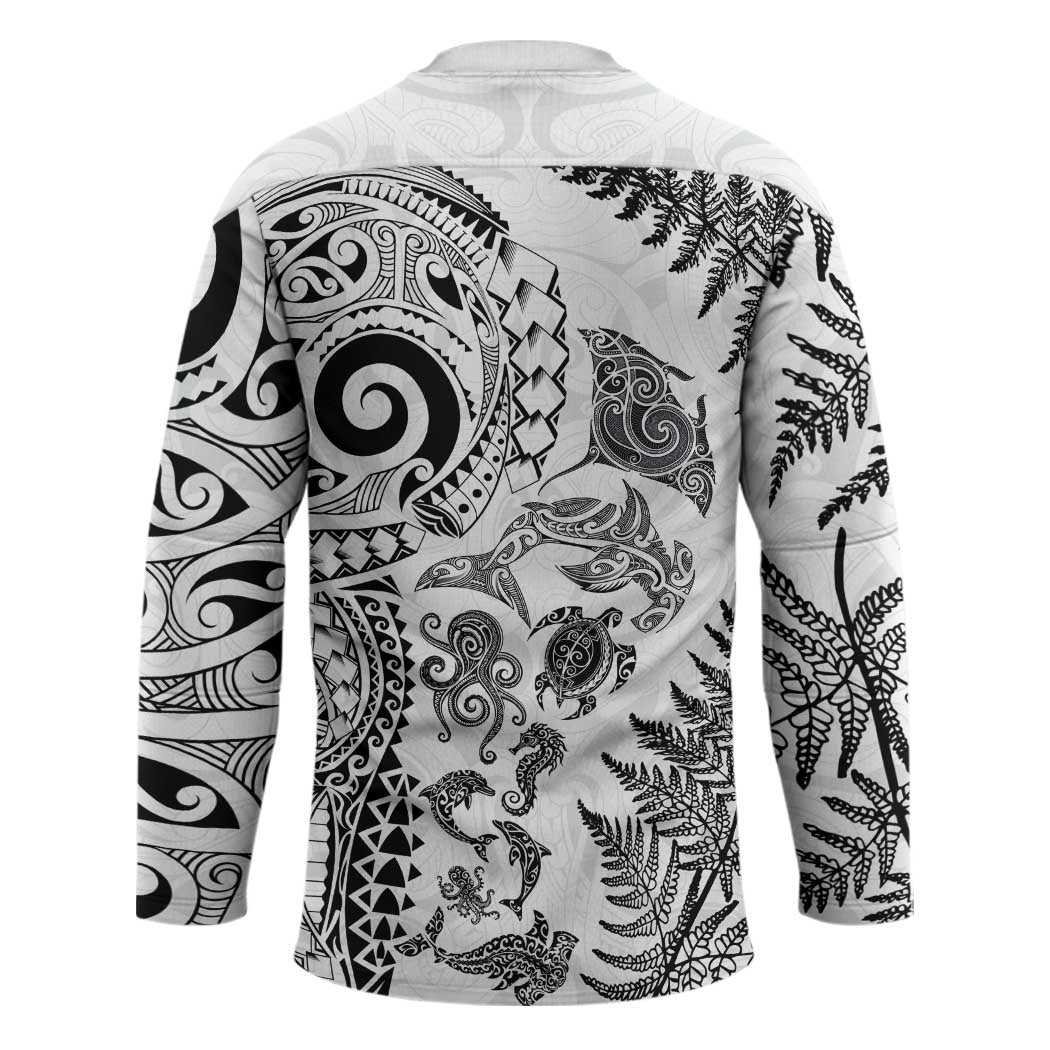 New Zealand Sea Animals Hockey Jersey with Maori Koru Tribal Tattoo and Silver Ferns White Color LT03 - Polynesian Pride