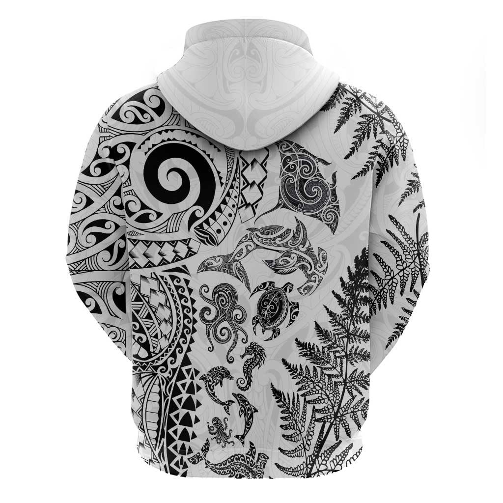 New Zealand Sea Animals Hoodie with Maori Koru Tribal Tattoo and Silver Ferns White Color LT03 - Polynesian Pride