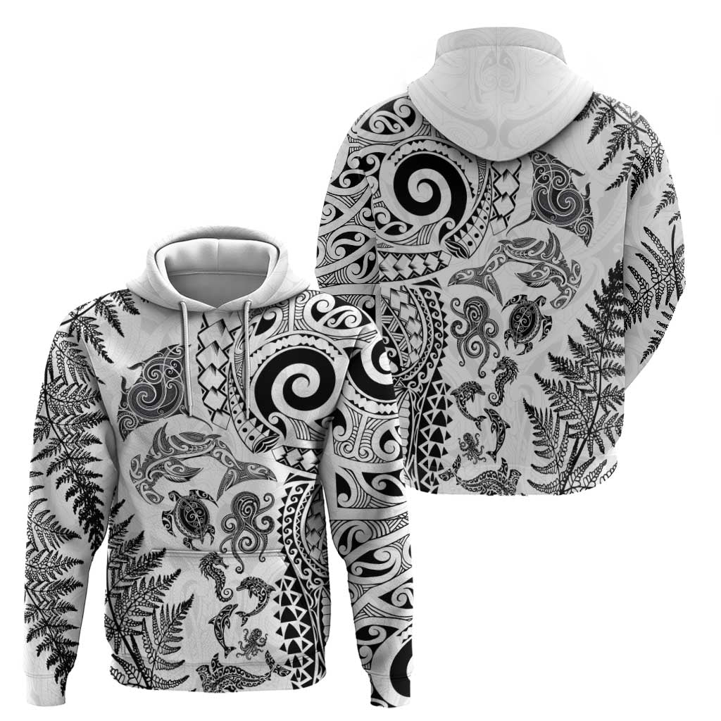 New Zealand Sea Animals Hoodie with Maori Koru Tribal Tattoo and Silver Ferns White Color LT03 - Polynesian Pride