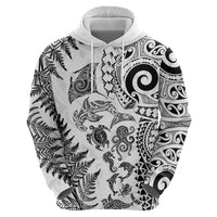 New Zealand Sea Animals Hoodie with Maori Koru Tribal Tattoo and Silver Ferns White Color LT03 - Polynesian Pride