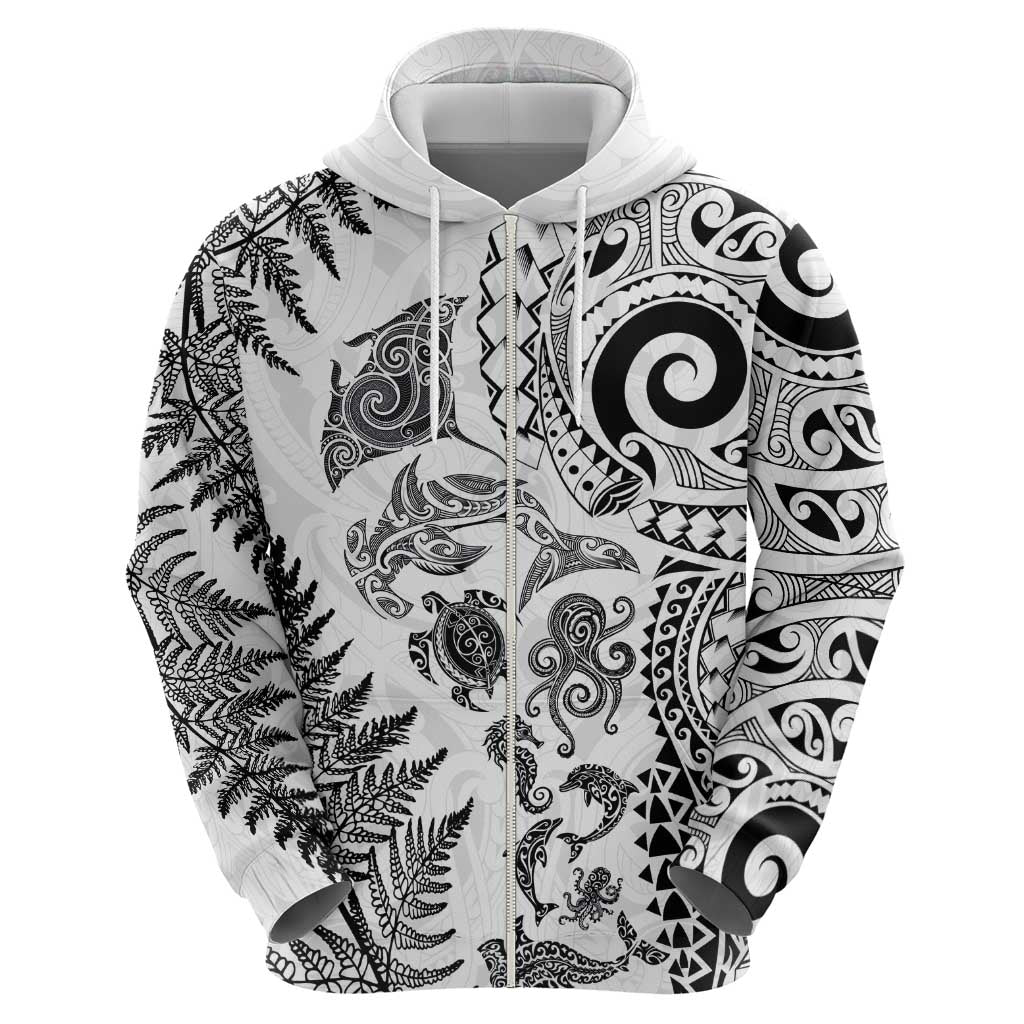New Zealand Sea Animals Hoodie with Maori Koru Tribal Tattoo and Silver Ferns White Color LT03 - Polynesian Pride