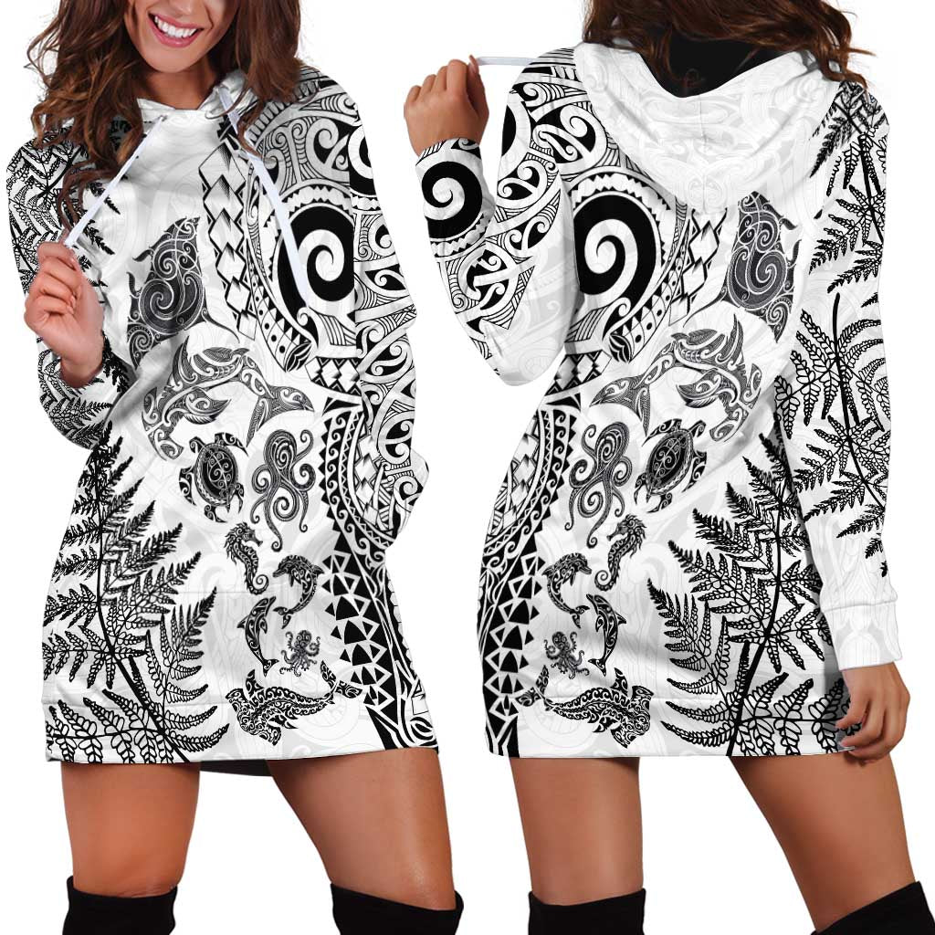 New Zealand Sea Animals Hoodie Dress with Maori Koru Tribal Tattoo and Silver Ferns White Color LT03 - Polynesian Pride