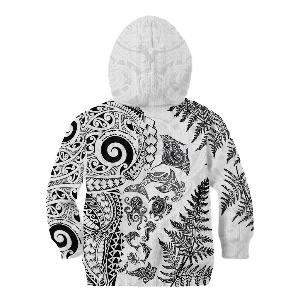 New Zealand Sea Animals Kid Hoodie with Maori Koru Tribal Tattoo and Silver Ferns White Color LT03 - Polynesian Pride