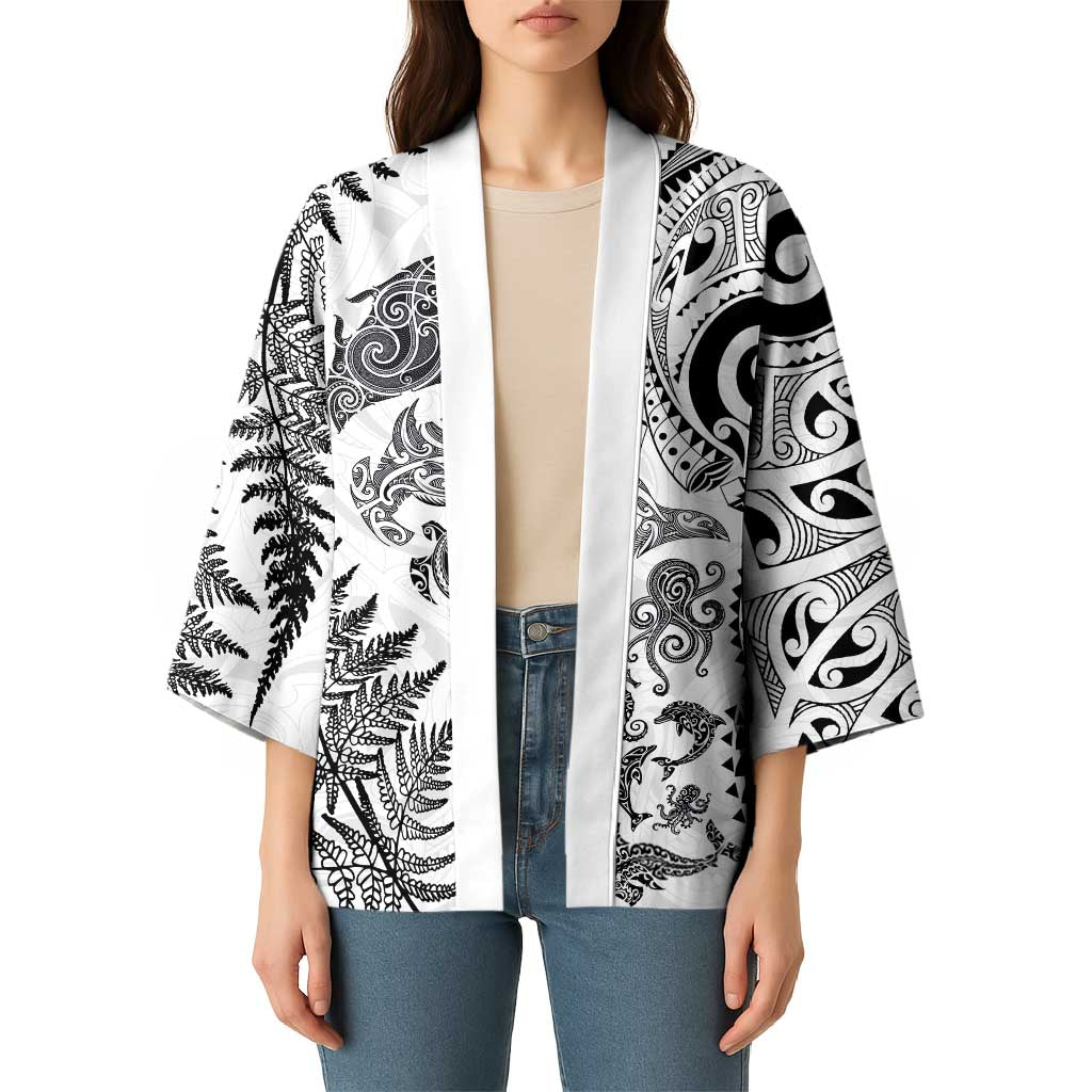 New Zealand Sea Animals Kimono with Maori Koru Tribal Tattoo and Silver Ferns White Color LT03 - Polynesian Pride