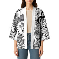 New Zealand Sea Animals Kimono with Maori Koru Tribal Tattoo and Silver Ferns White Color LT03 - Polynesian Pride