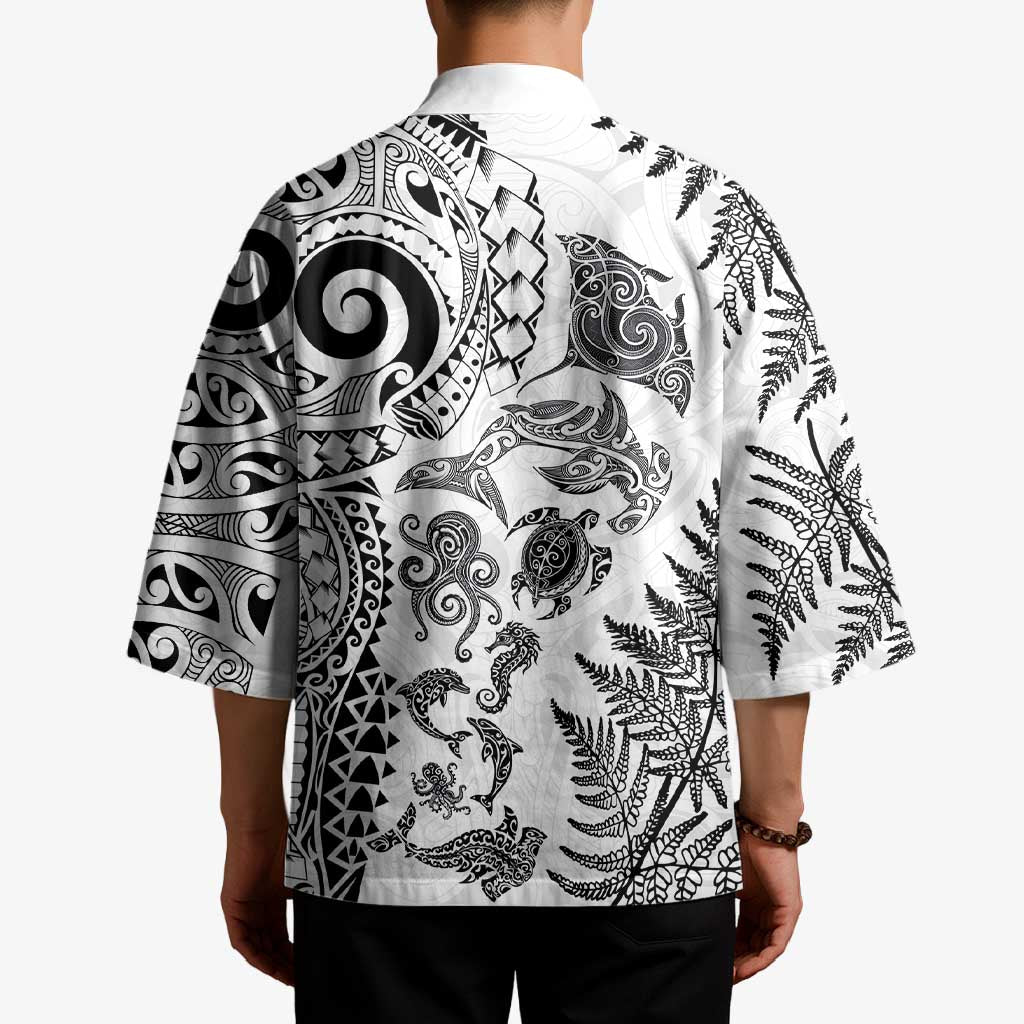 New Zealand Sea Animals Kimono with Maori Koru Tribal Tattoo and Silver Ferns White Color LT03 - Polynesian Pride