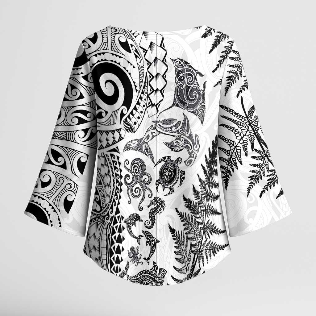 New Zealand Sea Animals Kimono Sleeve Blouse with Maori Koru Tribal Tattoo and Silver Ferns White Color LT03 - Polynesian Pride