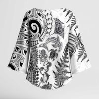 New Zealand Sea Animals Kimono Sleeve Blouse with Maori Koru Tribal Tattoo and Silver Ferns White Color LT03 - Polynesian Pride