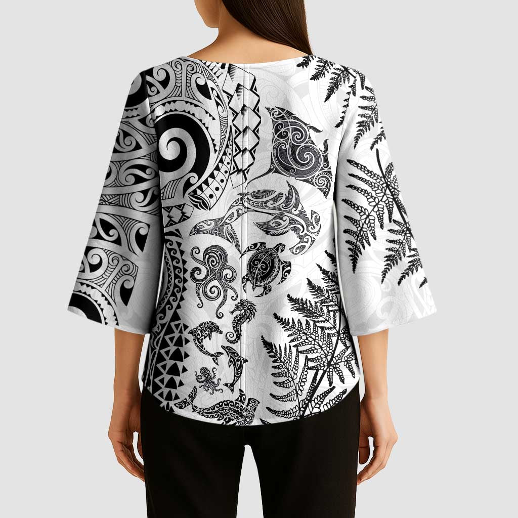 New Zealand Sea Animals Kimono Sleeve Blouse with Maori Koru Tribal Tattoo and Silver Ferns White Color LT03 - Polynesian Pride