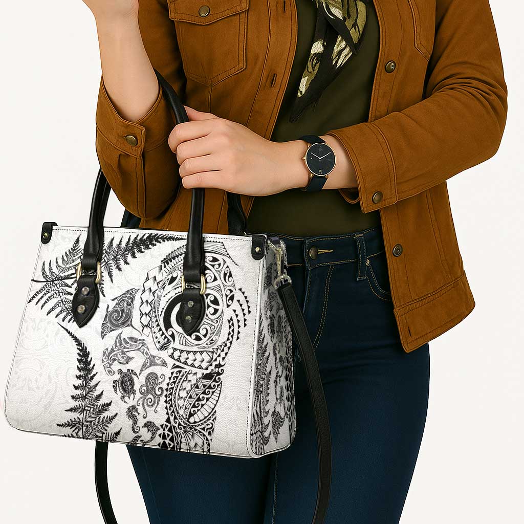 New Zealand Sea Animals Leather Bag with Maori Koru Tribal Tattoo and Silver Ferns White Color LT03 - Polynesian Pride