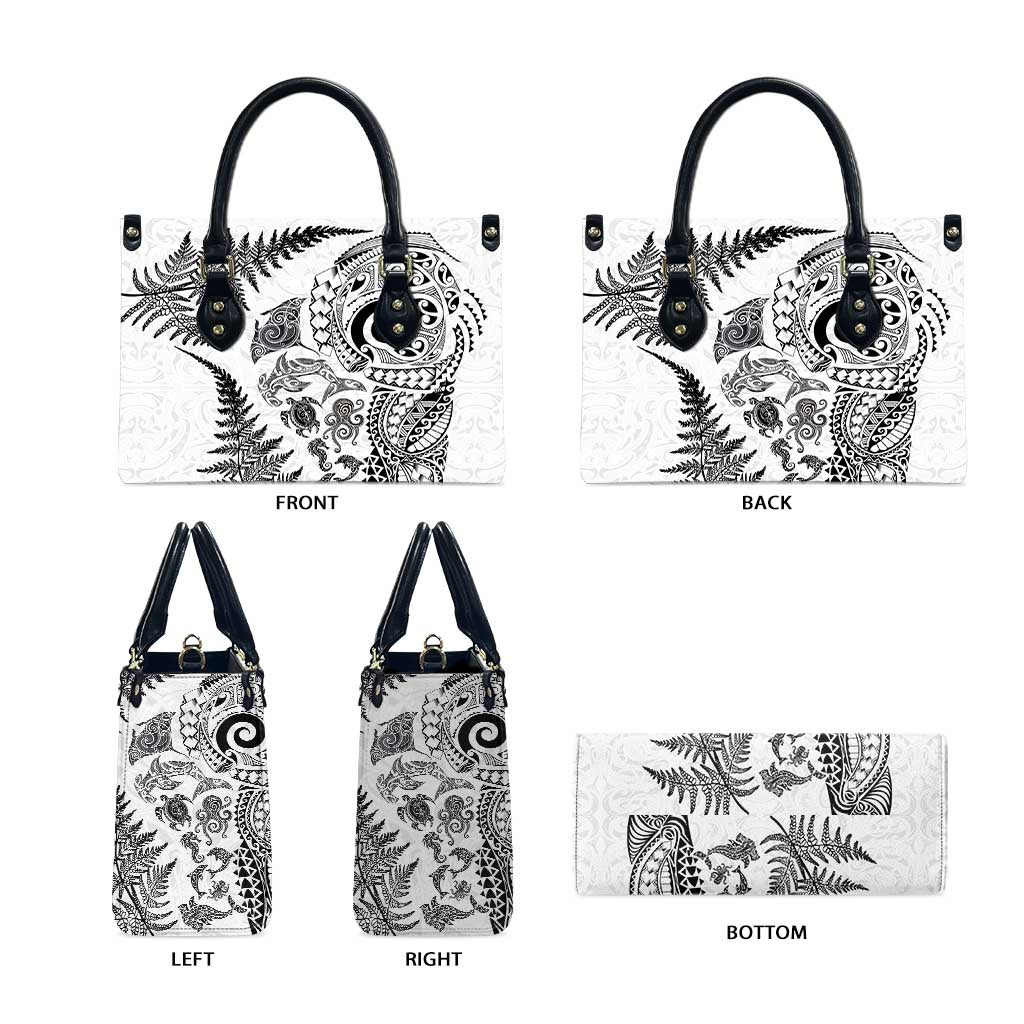 New Zealand Sea Animals Leather Bag with Maori Koru Tribal Tattoo and Silver Ferns White Color LT03 - Polynesian Pride